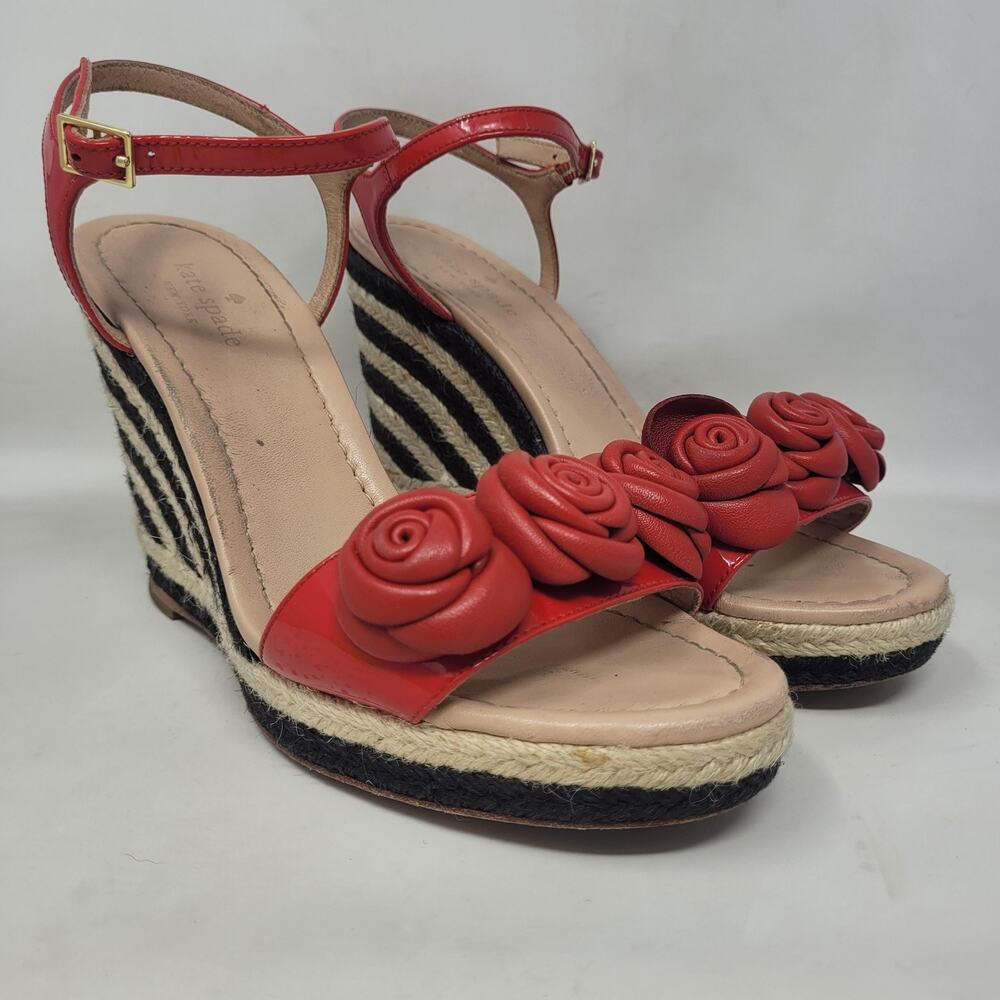 Kate Spade Sandals 8M Red Patent Leather Jill Espadrille Platform Wedge Rosette